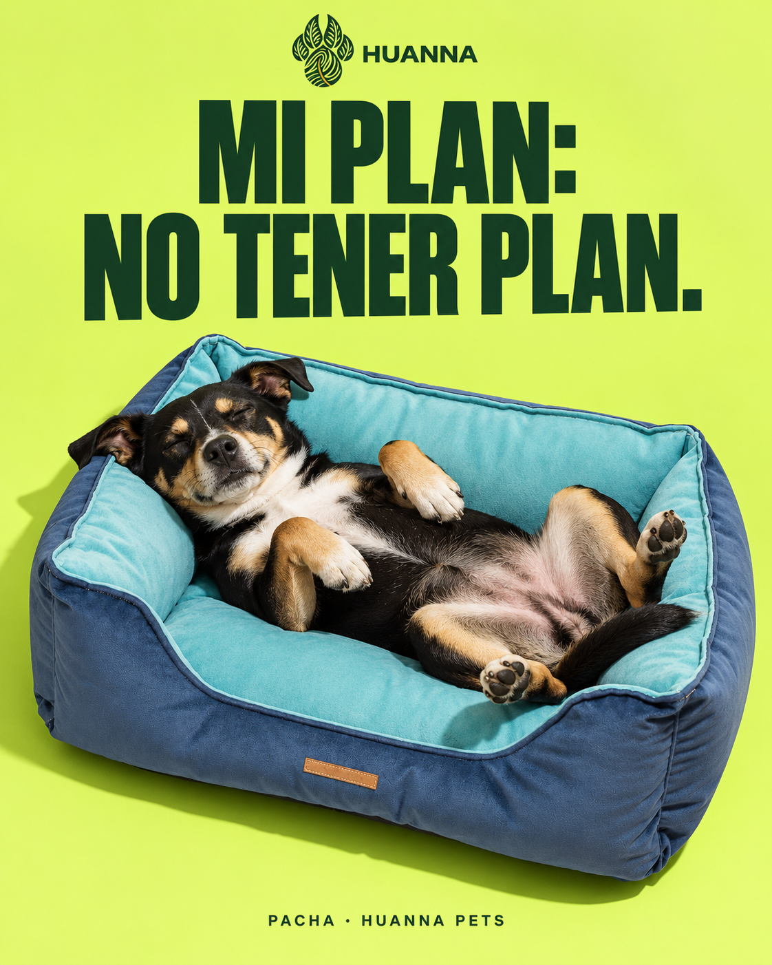 Campaña Pacha de Huanna: un perro mestizo descansa panza arriba en su cama azul sobre un fondo lima. Frase: Mi plan: no tener plan.